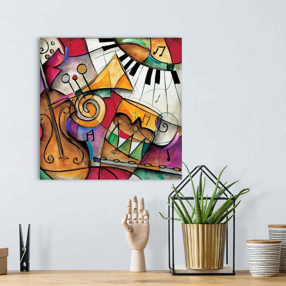 A bohemian room featuring Jazz it Up I by Eric Waugh.  A square abstract painting of varies instruments played in jazz music.