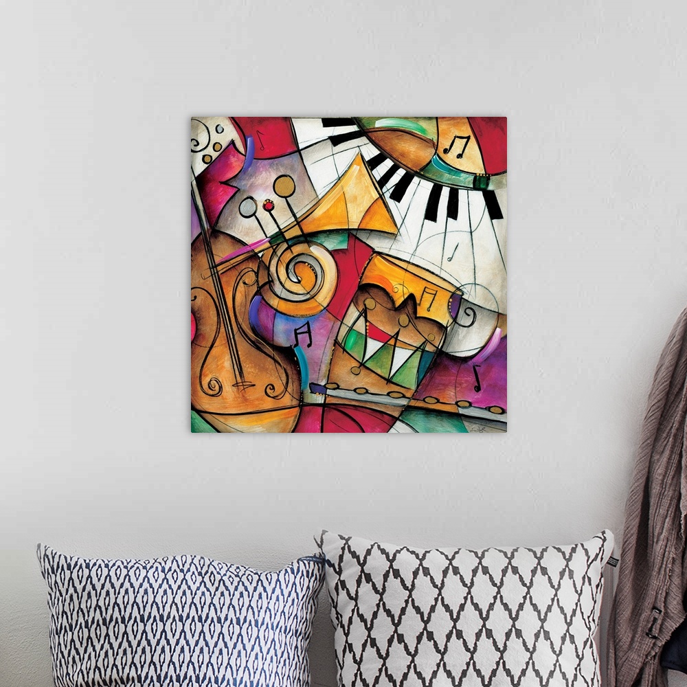 A bohemian room featuring Jazz it Up I by Eric Waugh.  A square abstract painting of varies instruments played in jazz music.