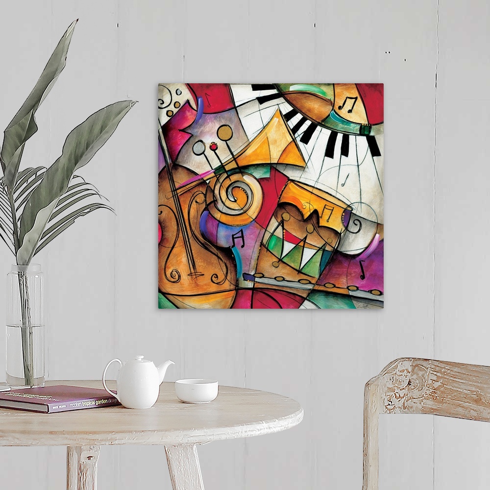 A farmhouse room featuring Jazz it Up I by Eric Waugh.  A square abstract painting of varies instruments played in jazz music.