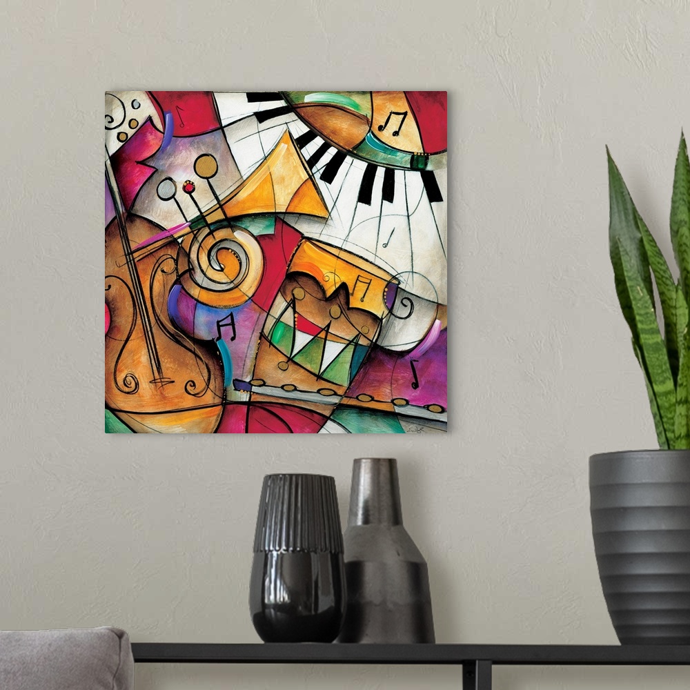 A modern room featuring Jazz it Up I by Eric Waugh.  A square abstract painting of varies instruments played in jazz music.