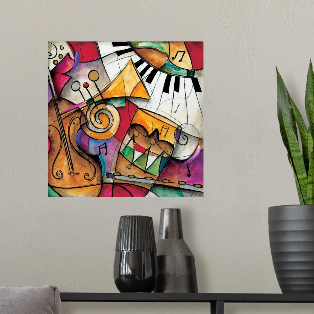A modern room featuring Jazz it Up I by Eric Waugh.  A square abstract painting of varies instruments played in jazz music.