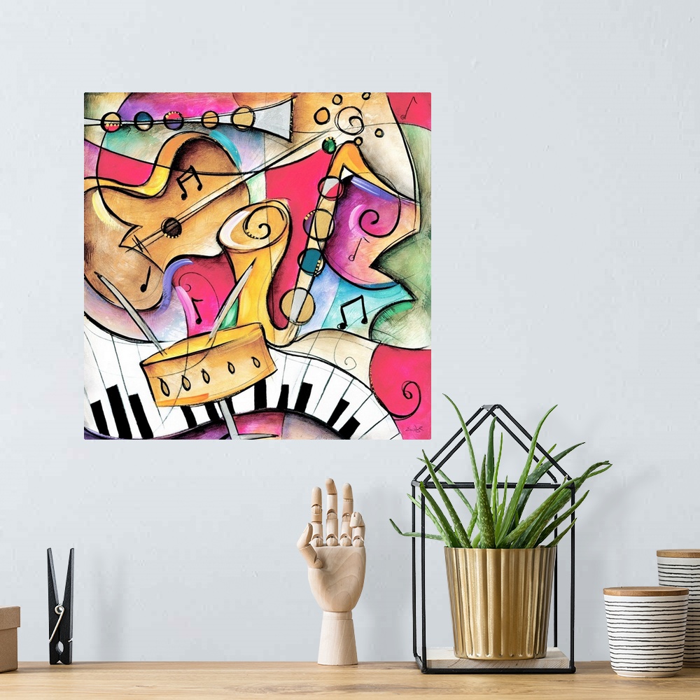 A bohemian room featuring Jazz it Up II by Eric Waugh.  A square abstract painting of varies instruments played in jazz music.
