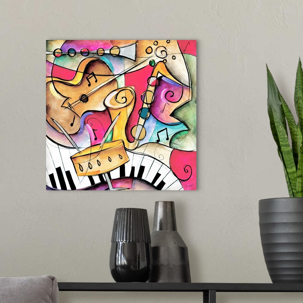 A modern room featuring Jazz it Up II by Eric Waugh.  A square abstract painting of varies instruments played in jazz music.