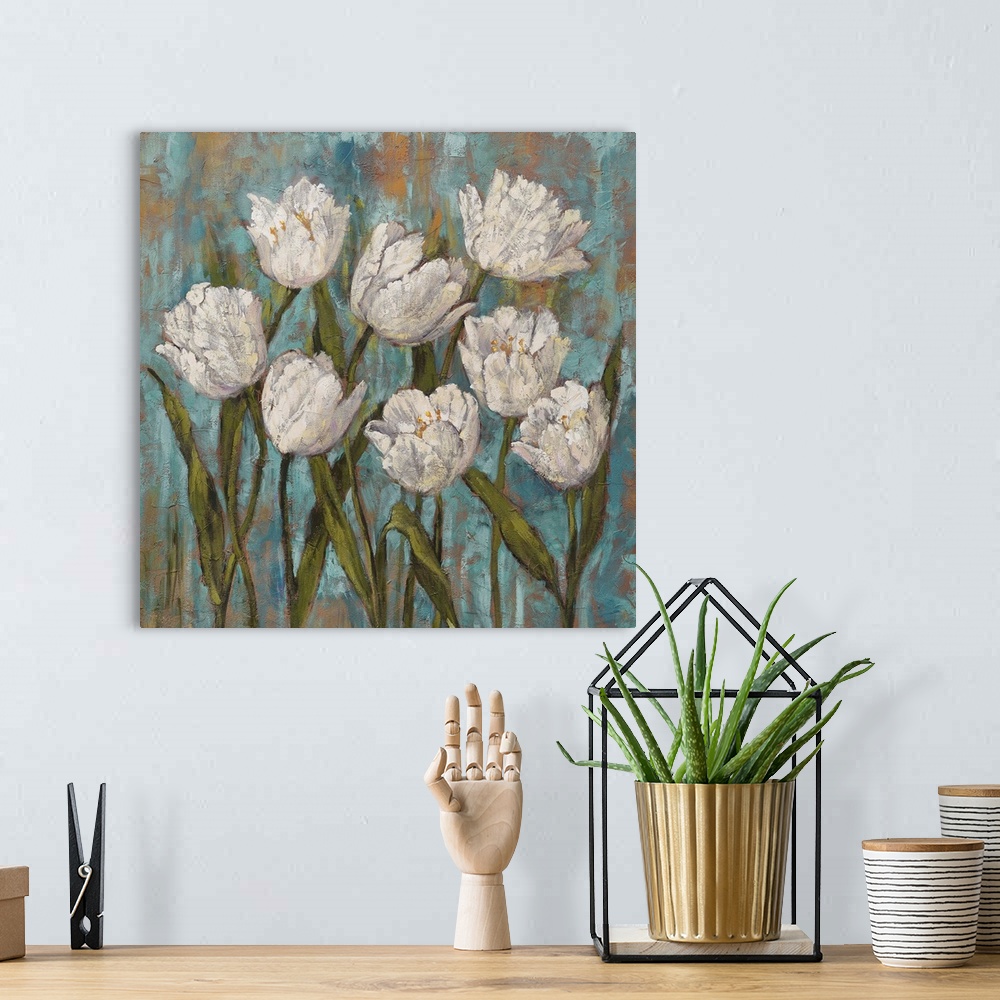 A bohemian room featuring Square painting of white tulips with green stems and leaves on a background created with shades o...