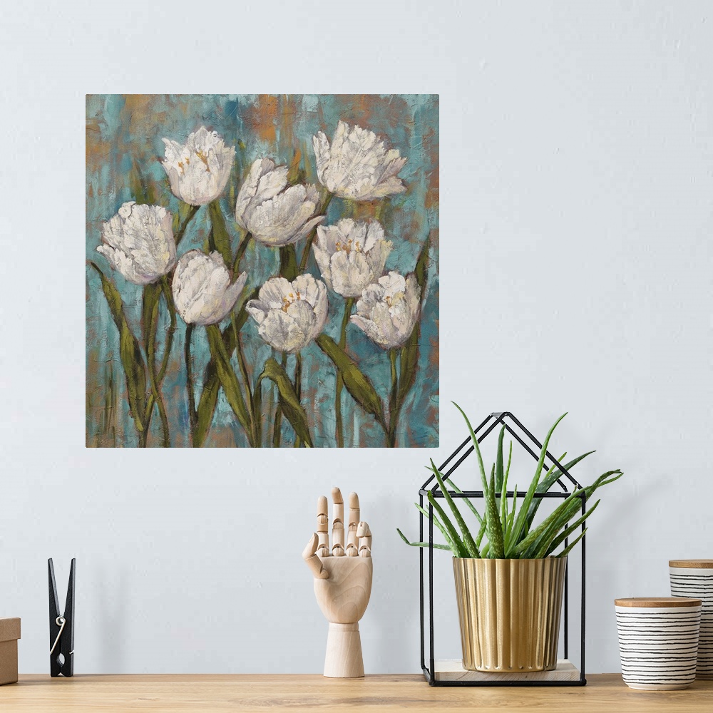 A bohemian room featuring Square painting of white tulips with green stems and leaves on a background created with shades o...