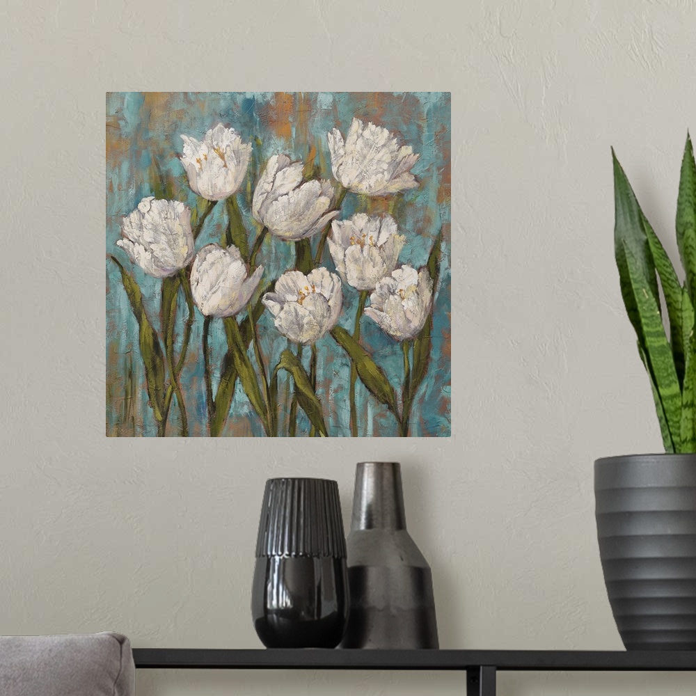 A modern room featuring Square painting of white tulips with green stems and leaves on a background created with shades o...