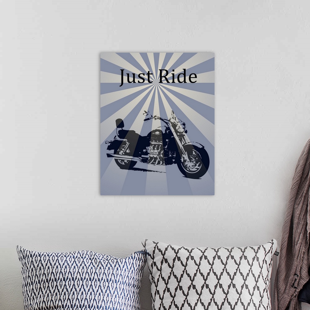 A bohemian room featuring Illustration of a motorcycle with "Jut Ride" written above it on a psychedelic striped background.