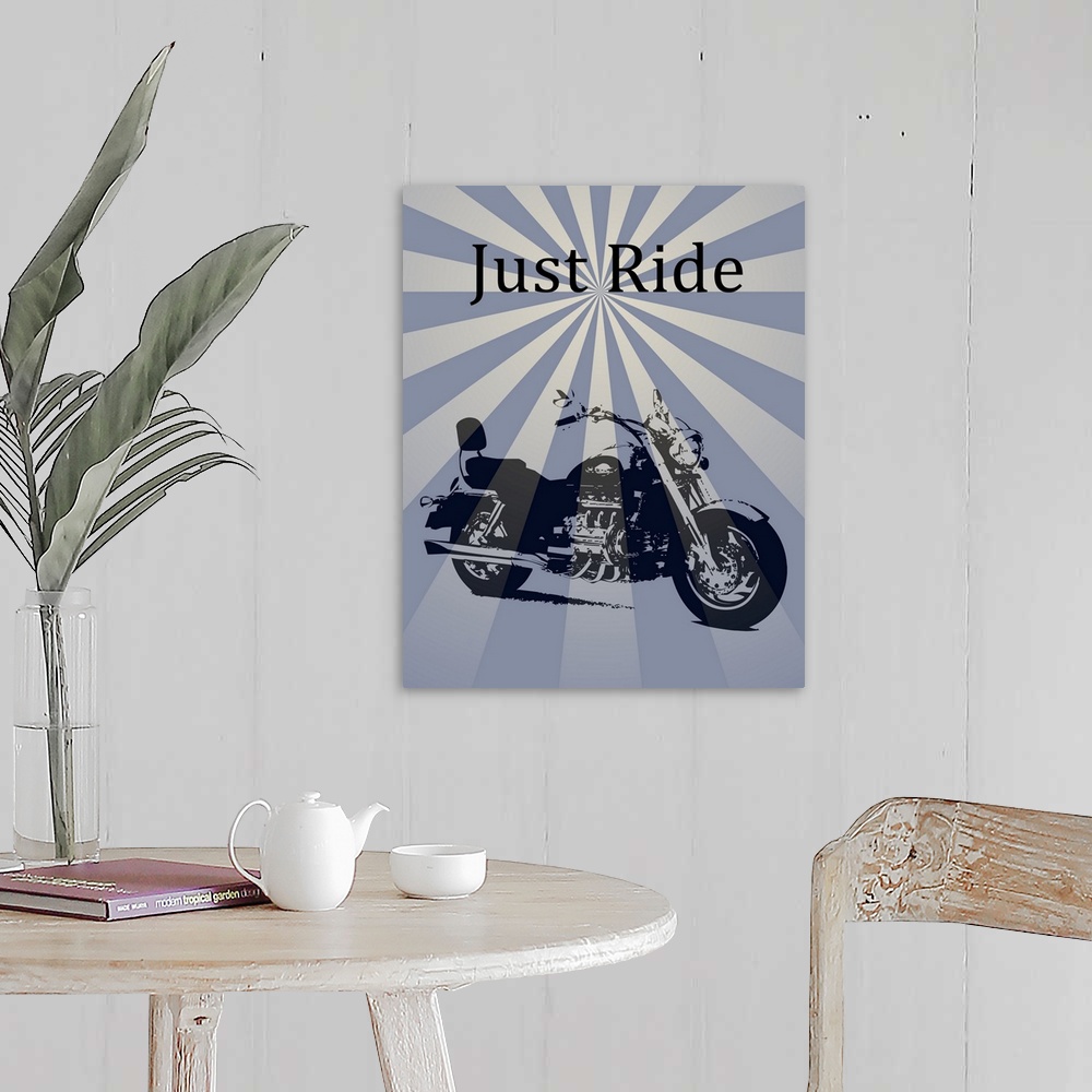 A farmhouse room featuring Illustration of a motorcycle with "Jut Ride" written above it on a psychedelic striped background.