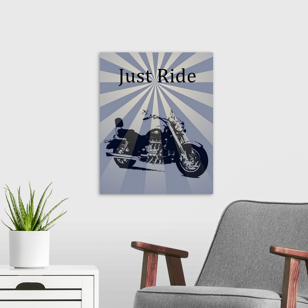 A modern room featuring Illustration of a motorcycle with "Jut Ride" written above it on a psychedelic striped background.