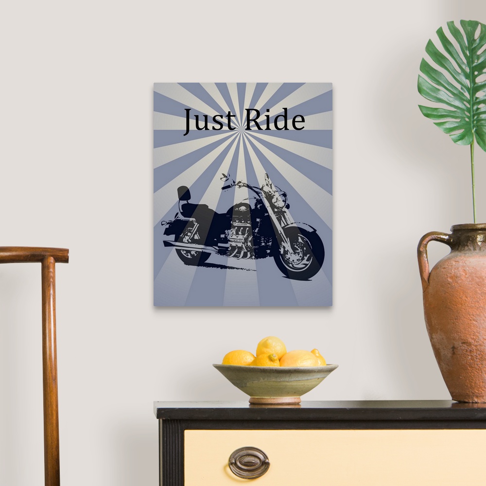 A traditional room featuring Illustration of a motorcycle with "Jut Ride" written above it on a psychedelic striped background.