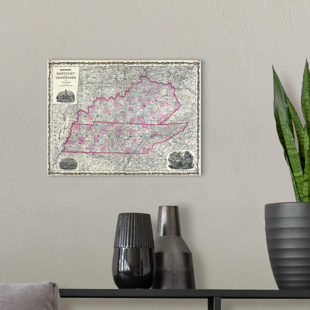 A modern room featuring Antique map of Tennessee and Kentucky sectioned into counties.