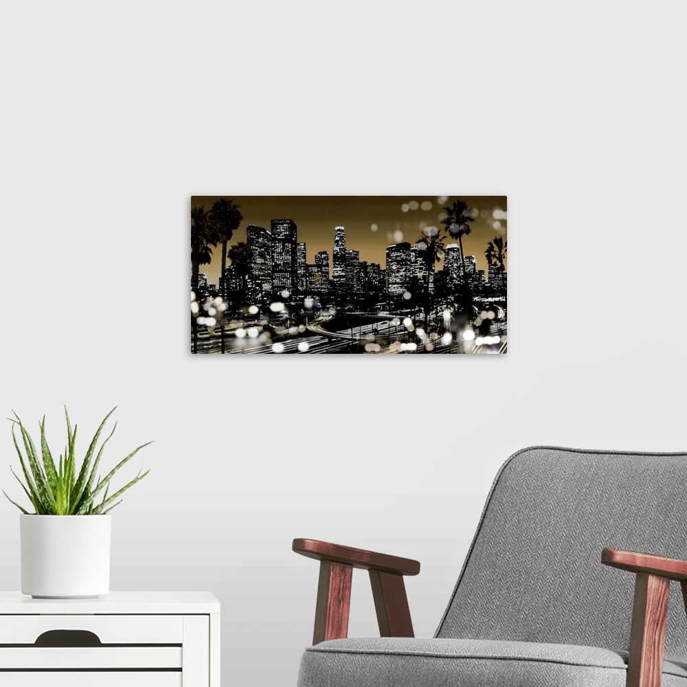 A modern room featuring Illustration of the Los Angeles skyline at night in black and white with a golden sky, palm trees...