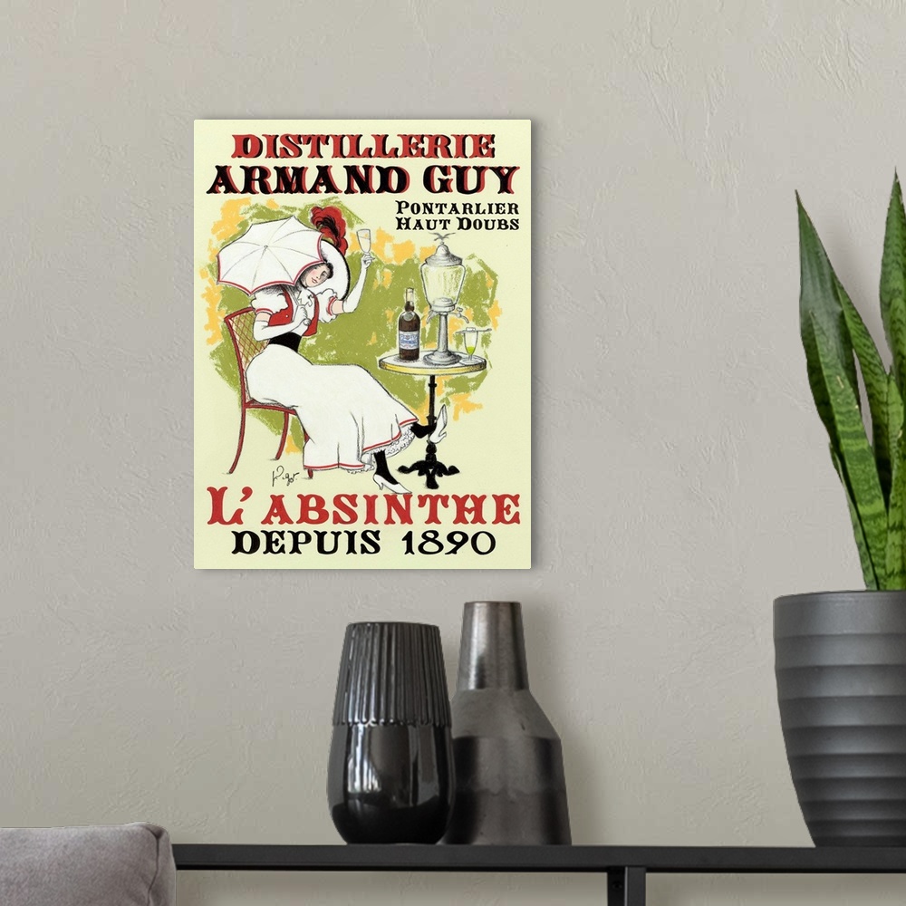 A modern room featuring Vintage French poster advertisement.