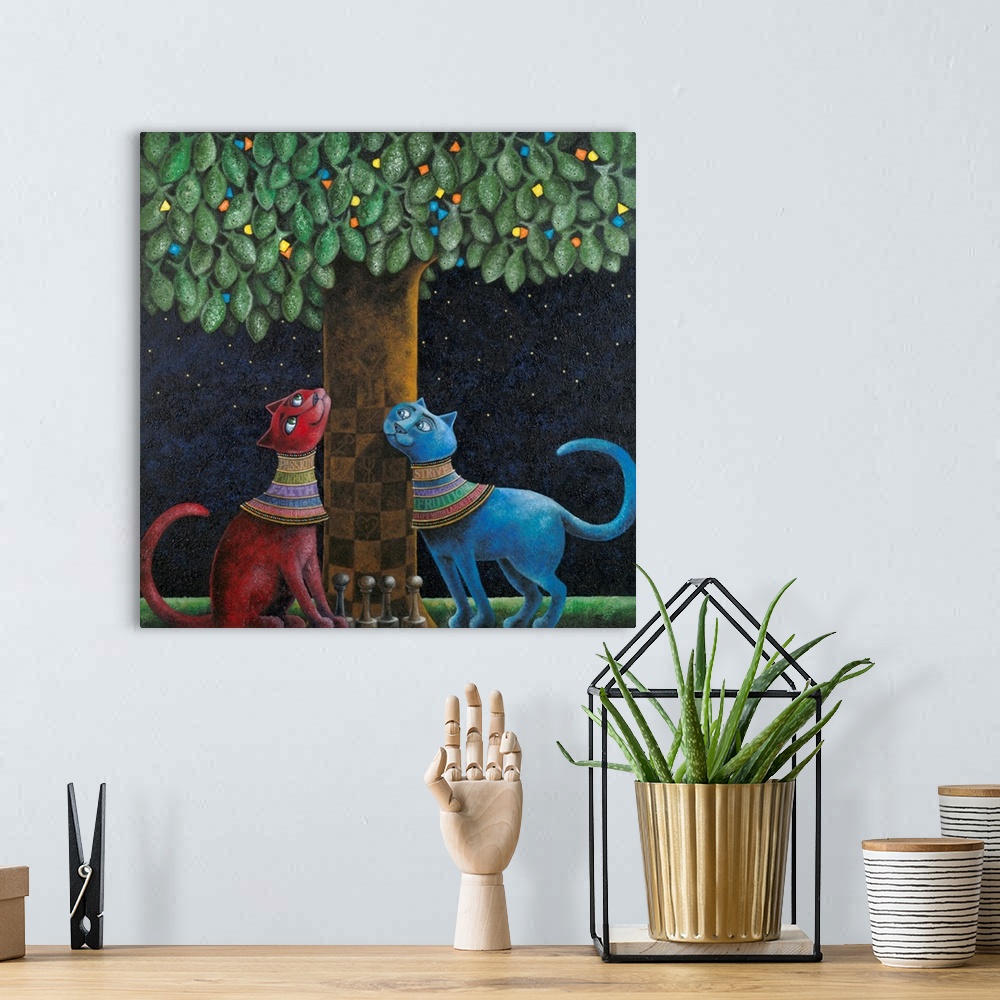 A bohemian room featuring Square illustration with two cats looking up a tree with a chess board marked trunk and chess pie...