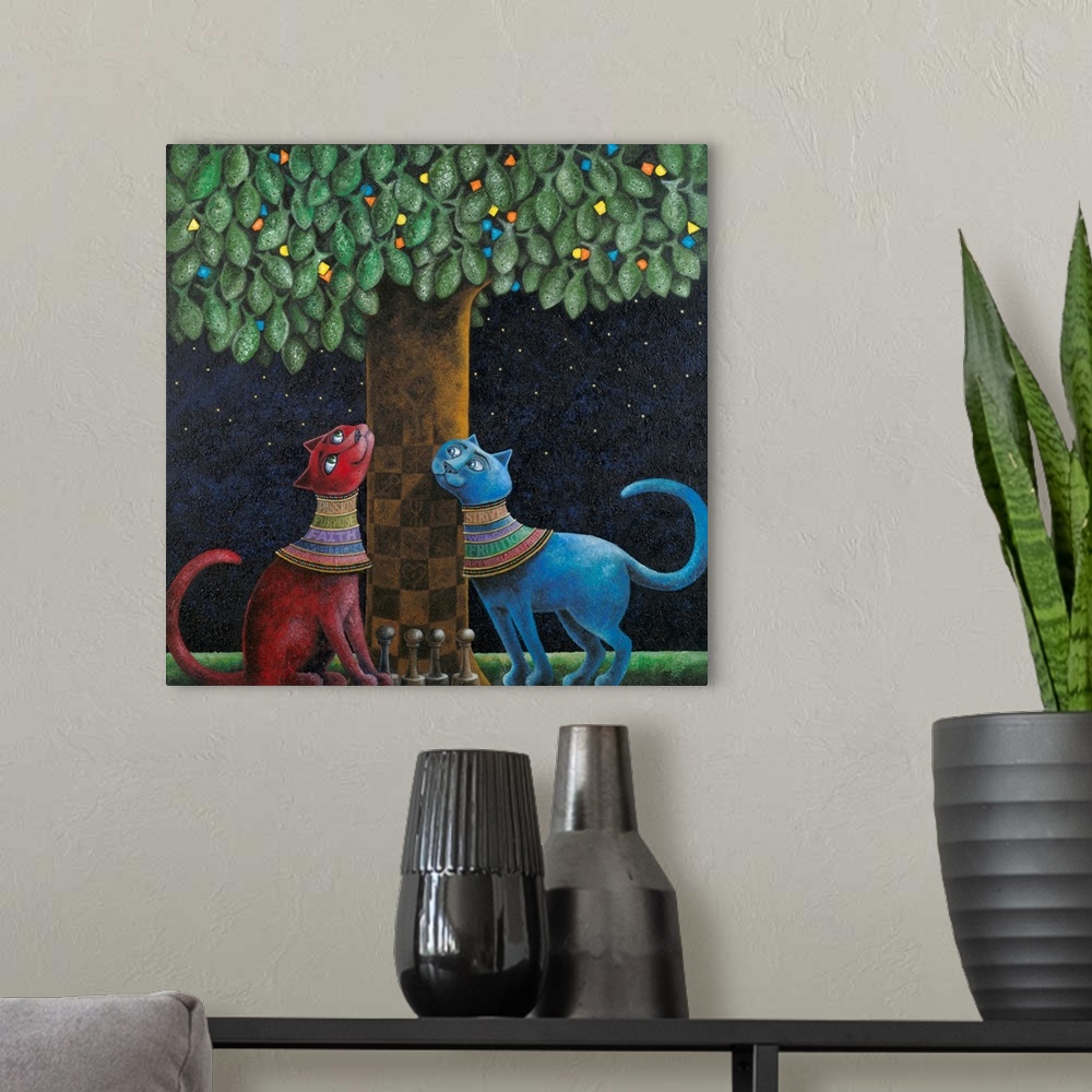 A modern room featuring Square illustration with two cats looking up a tree with a chess board marked trunk and chess pie...