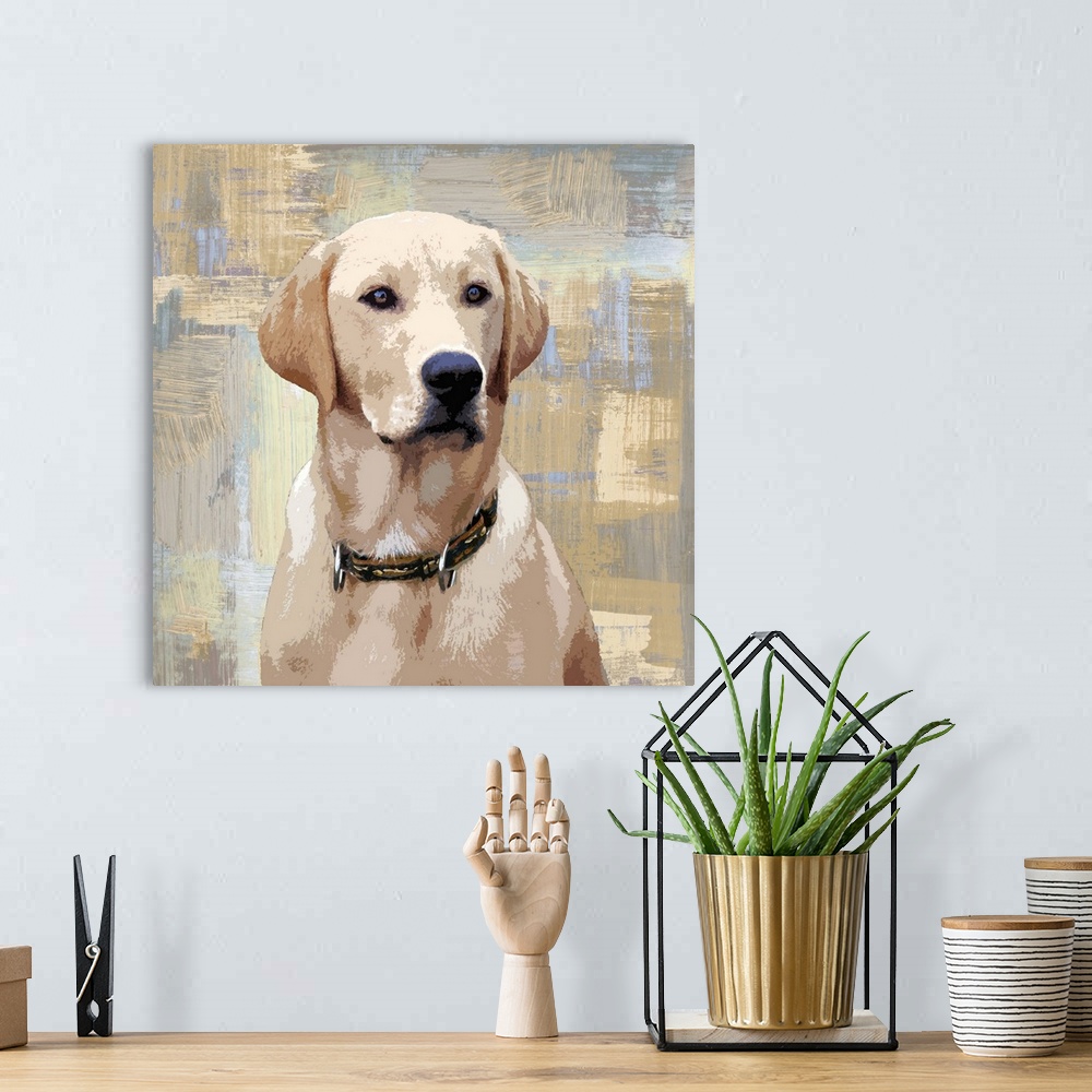 A bohemian room featuring Square decor with a portrait of a Labrador on a layered gray, blue, and tan background.