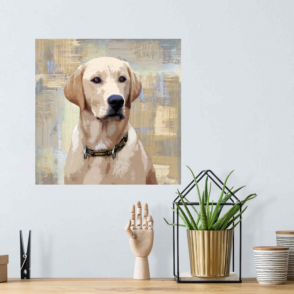 A bohemian room featuring Square decor with a portrait of a Labrador on a layered gray, blue, and tan background.