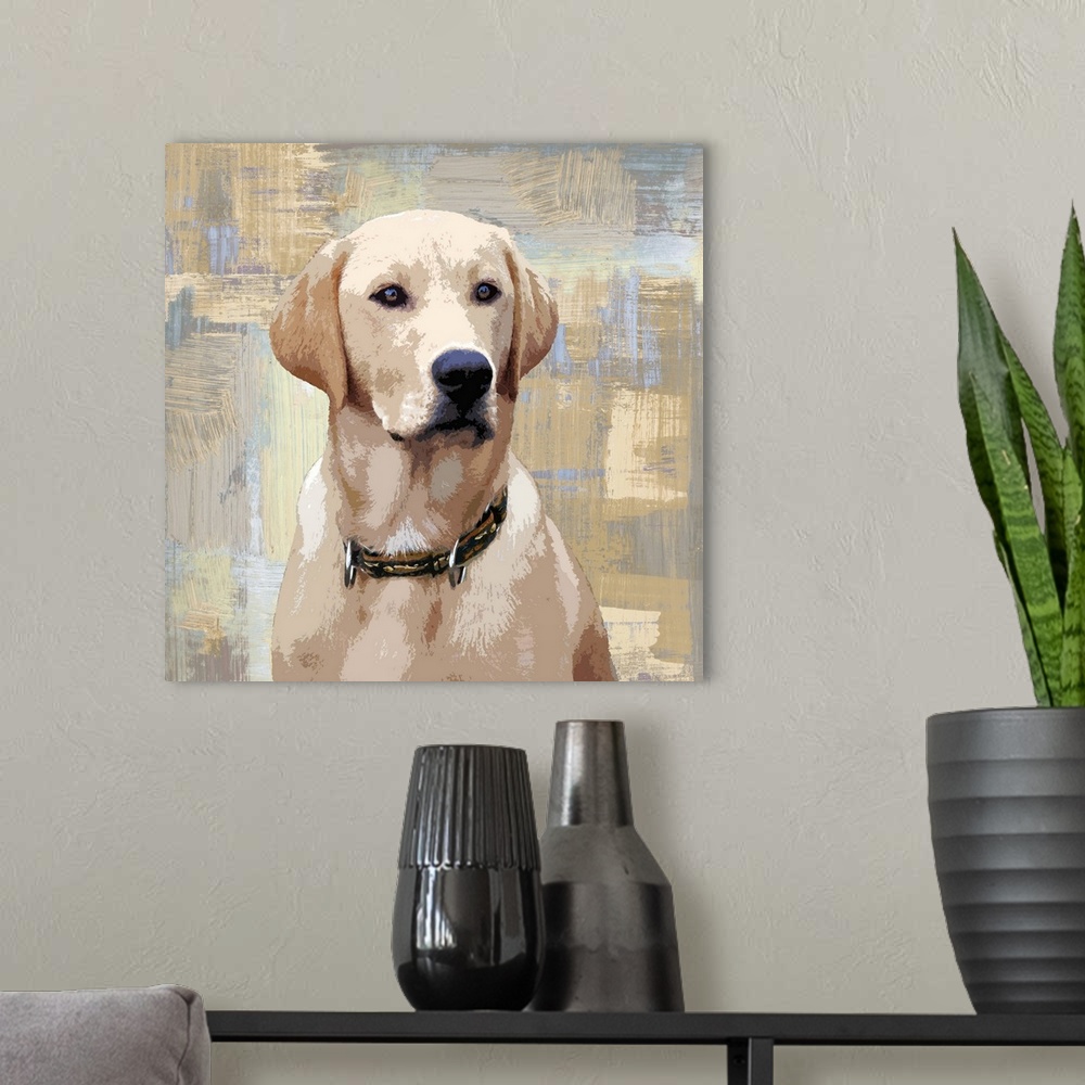 A modern room featuring Square decor with a portrait of a Labrador on a layered gray, blue, and tan background.