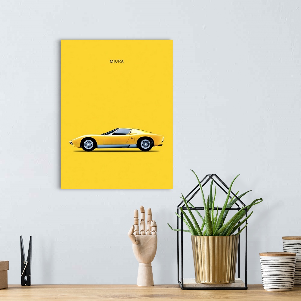 A bohemian room featuring Photograph of a yellow Lambo Miura 72 printed on a yellow background