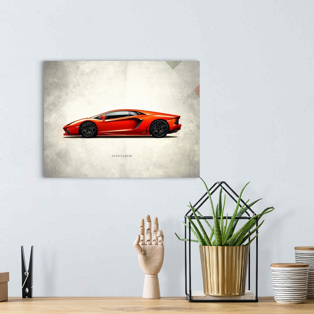 A bohemian room featuring Photograph of a red Lamborghini Aventador printed on a distressed white and gray background with ...