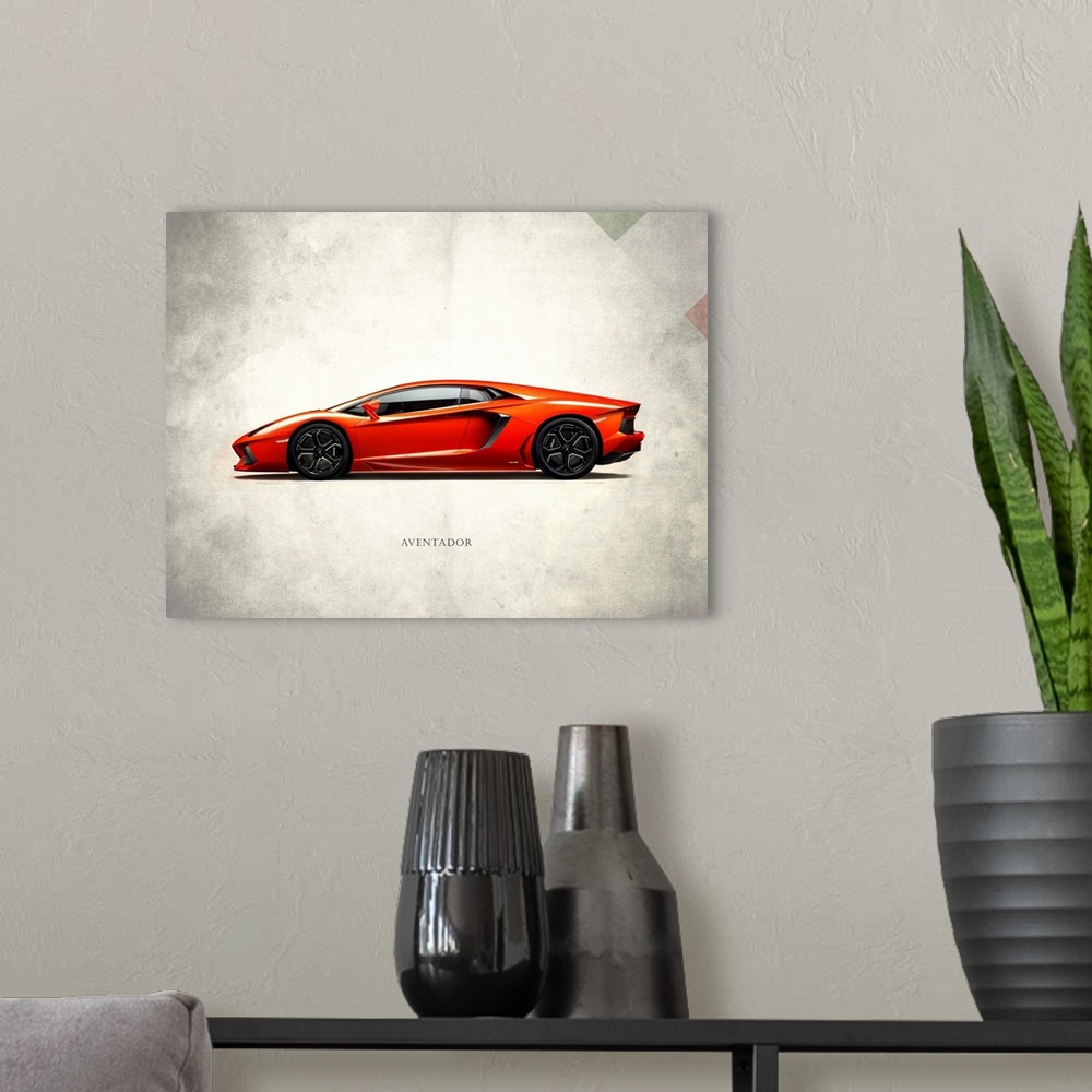 A modern room featuring Photograph of a red Lamborghini Aventador printed on a distressed white and gray background with ...
