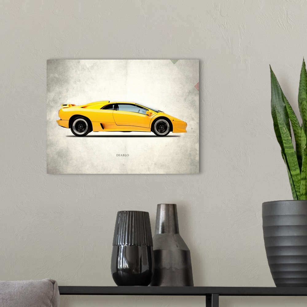 A modern room featuring Photograph of a yellow Lamborghini Diablo 1988 printed on a distressed white and gray background ...