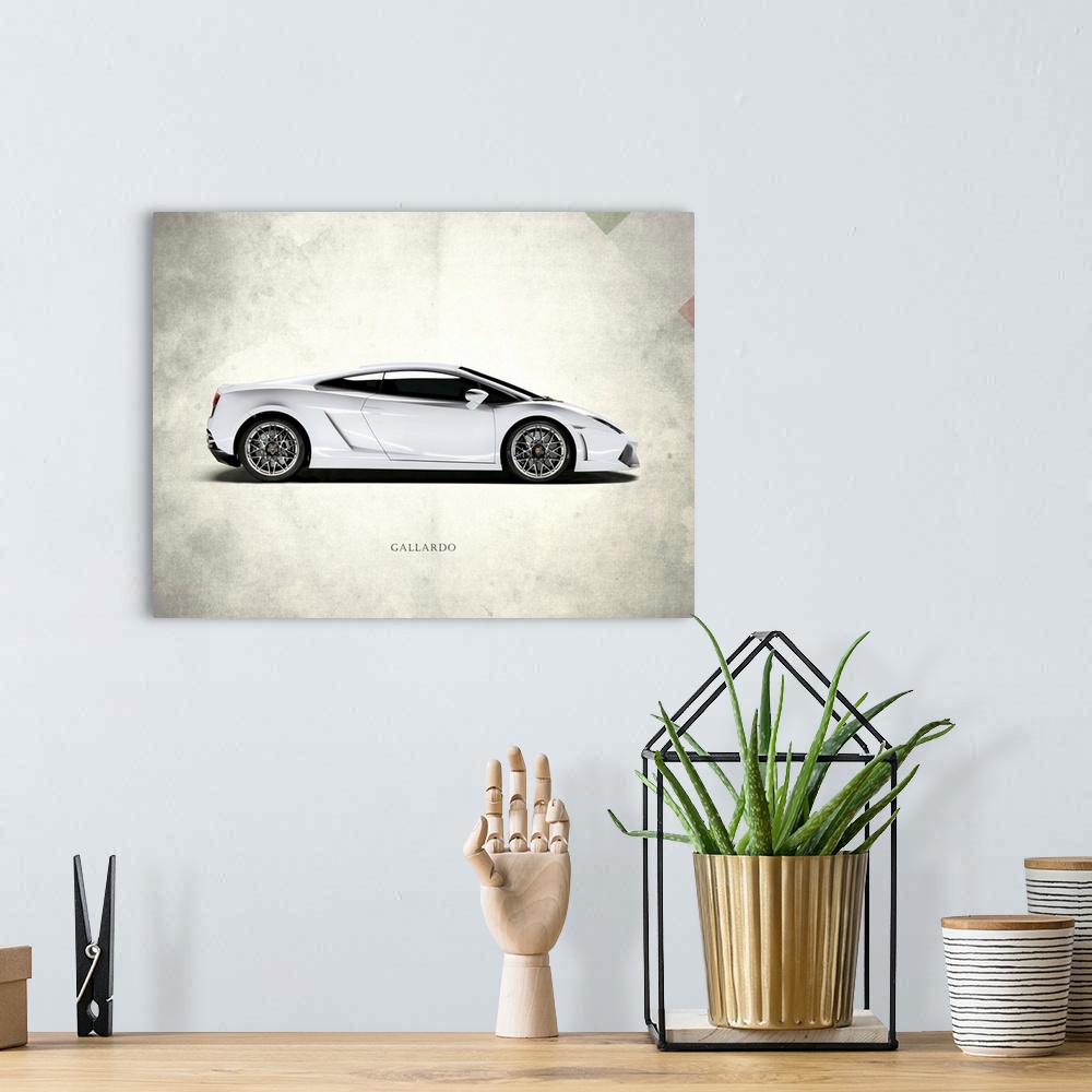 A bohemian room featuring Photograph of a white Lamborghini Gallardo printed on a distressed white and gray background with...