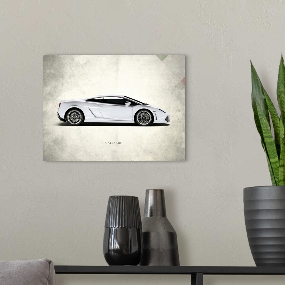 A modern room featuring Photograph of a white Lamborghini Gallardo printed on a distressed white and gray background with...