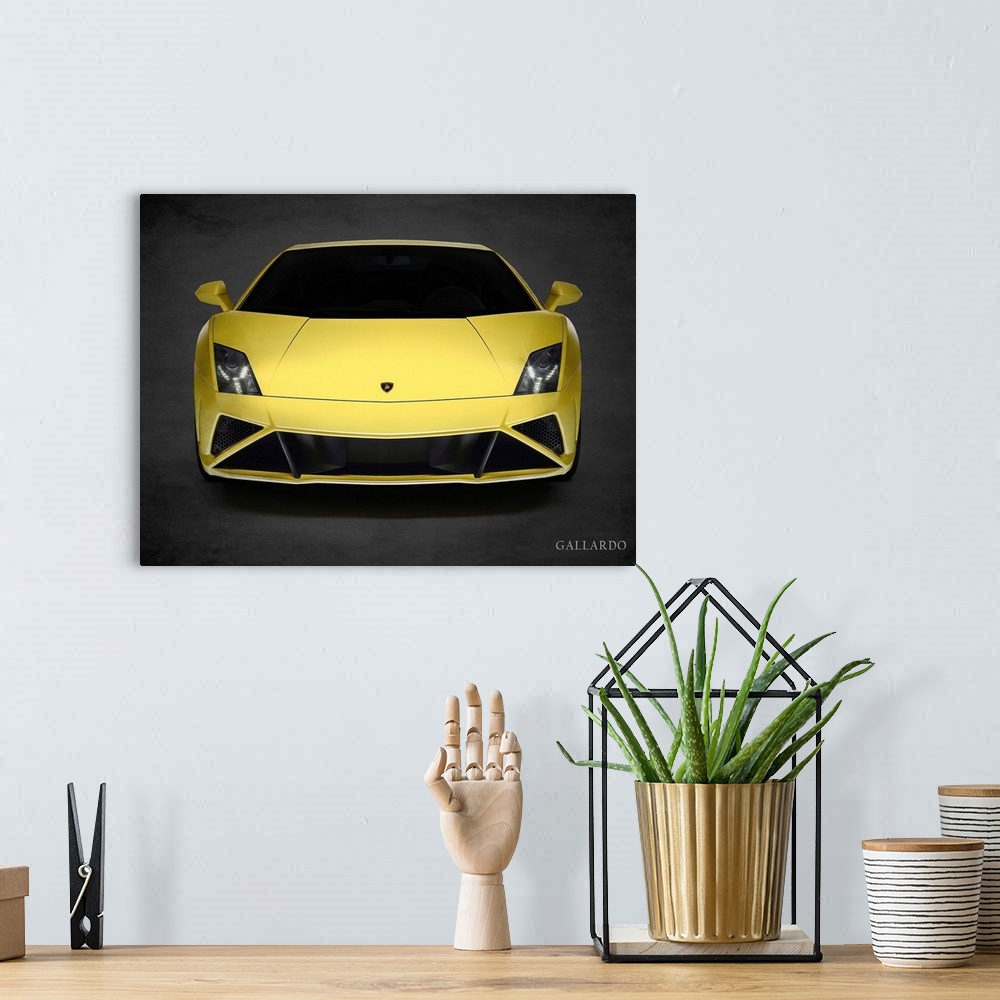 A bohemian room featuring Photograph of a yellow Lamborghini Gallardo LP-560 printed on a black background with a dark vign...