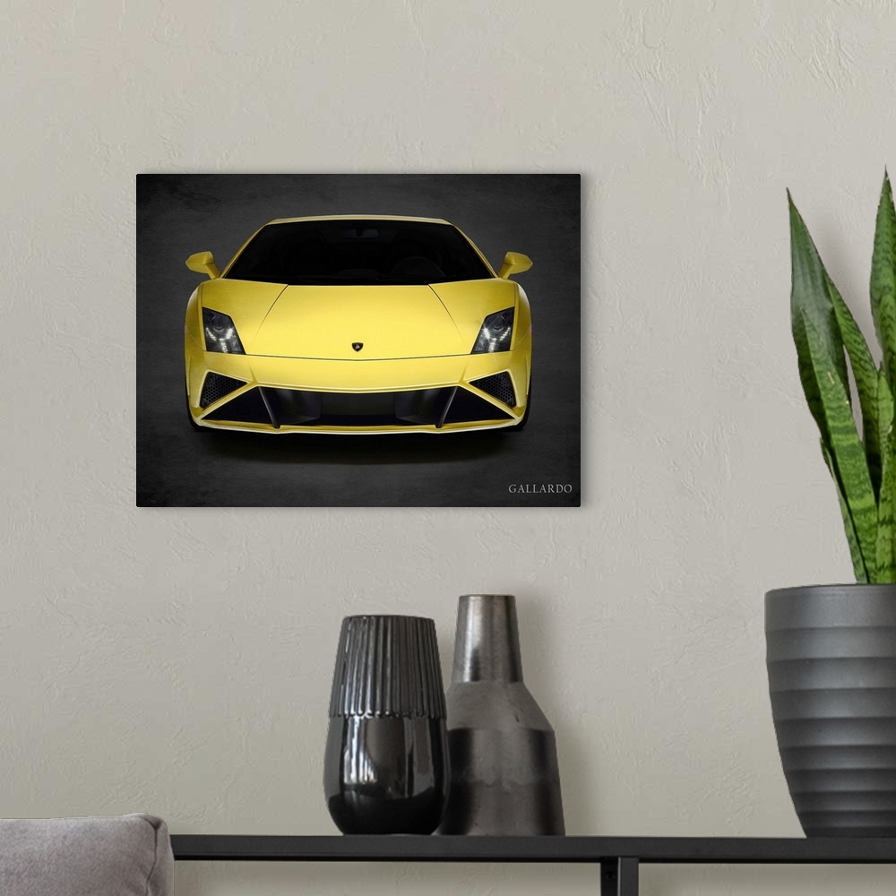 A modern room featuring Photograph of a yellow Lamborghini Gallardo LP-560 printed on a black background with a dark vign...
