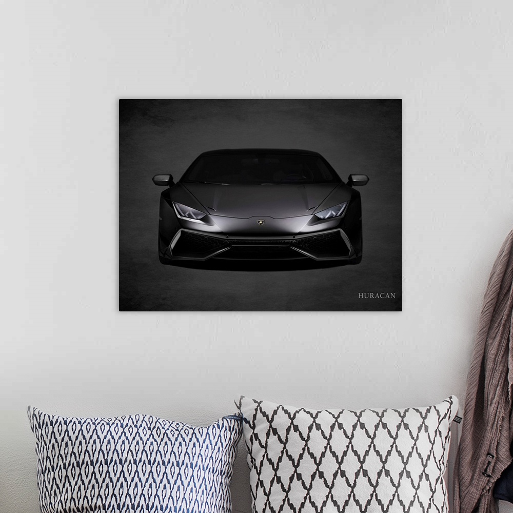 A bohemian room featuring Photograph of a black Lamborghini Huracan printed on a black background with a dark vignette.