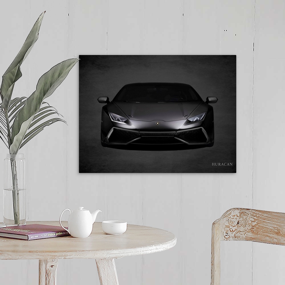 A farmhouse room featuring Photograph of a black Lamborghini Huracan printed on a black background with a dark vignette.