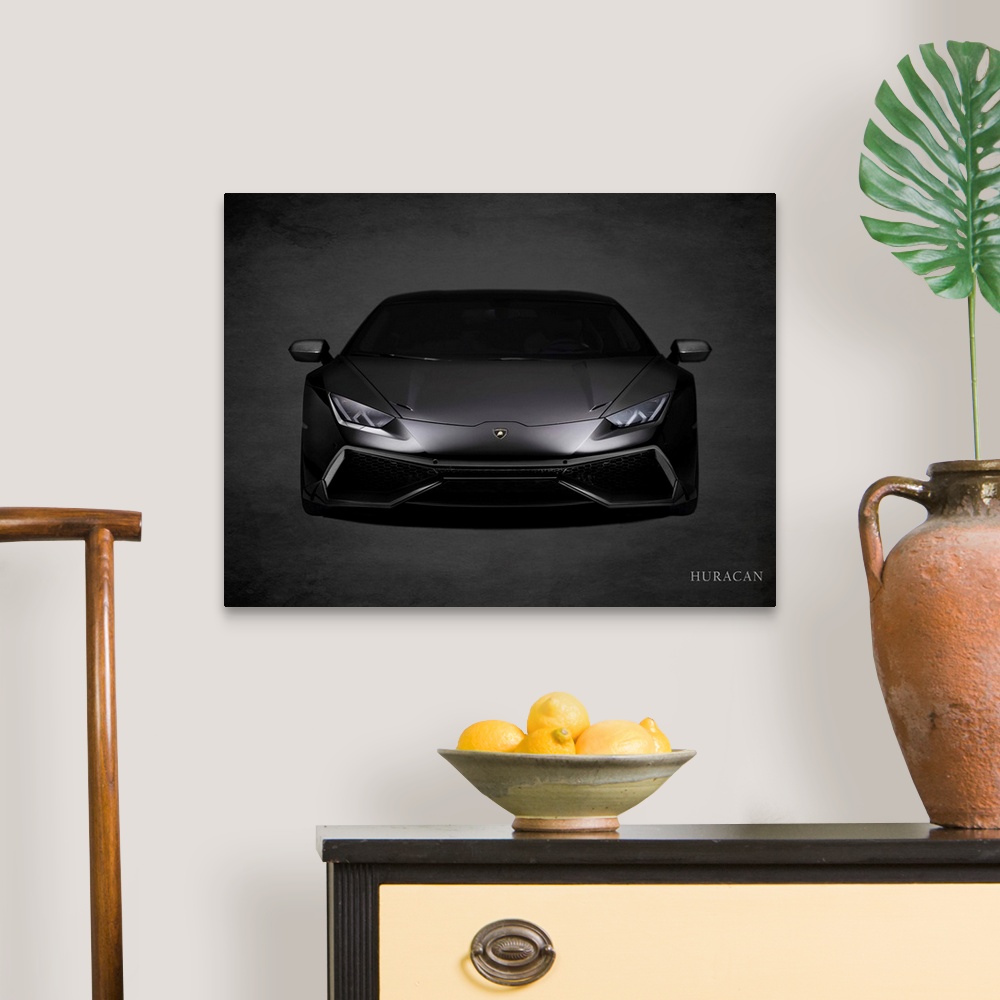 A traditional room featuring Photograph of a black Lamborghini Huracan printed on a black background with a dark vignette.