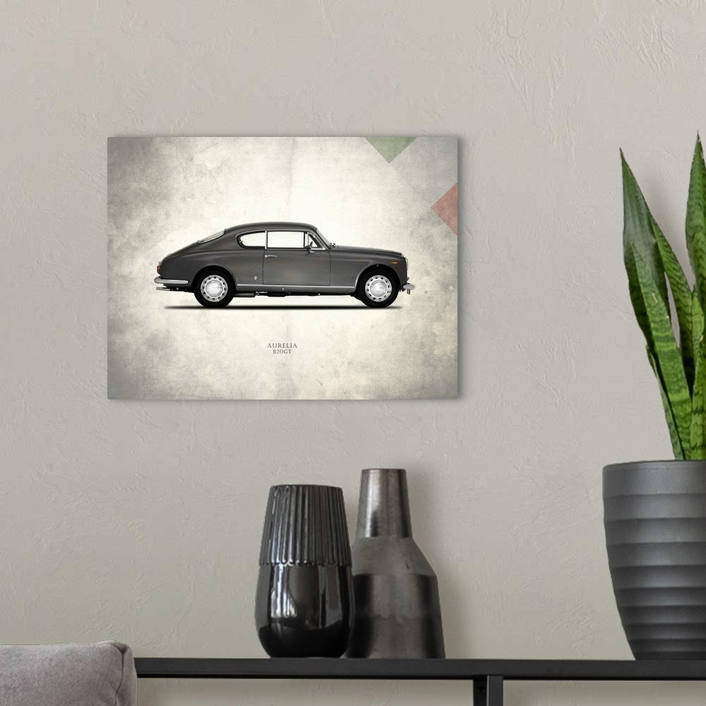A modern room featuring Photograph of a Lancia Aurelia printed on a distressed white and gray background with part of the...