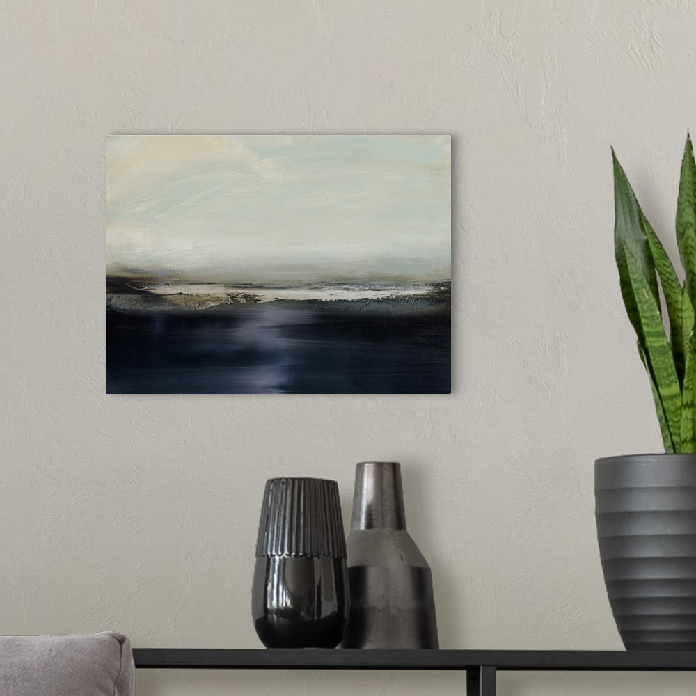 A modern room featuring Abstract artwork representing land and sky with blue-black color as the land and green-beige colo...
