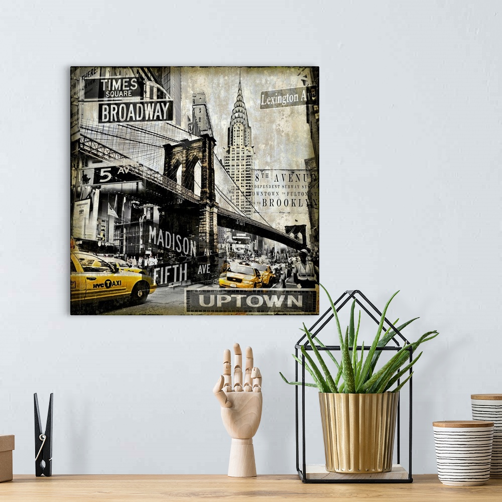 A bohemian room featuring Square home decor with a cityscape of New York City in black and sepia tones with yellow taxi cabs.