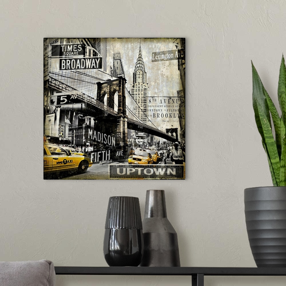 A modern room featuring Square home decor with a cityscape of New York City in black and sepia tones with yellow taxi cabs.
