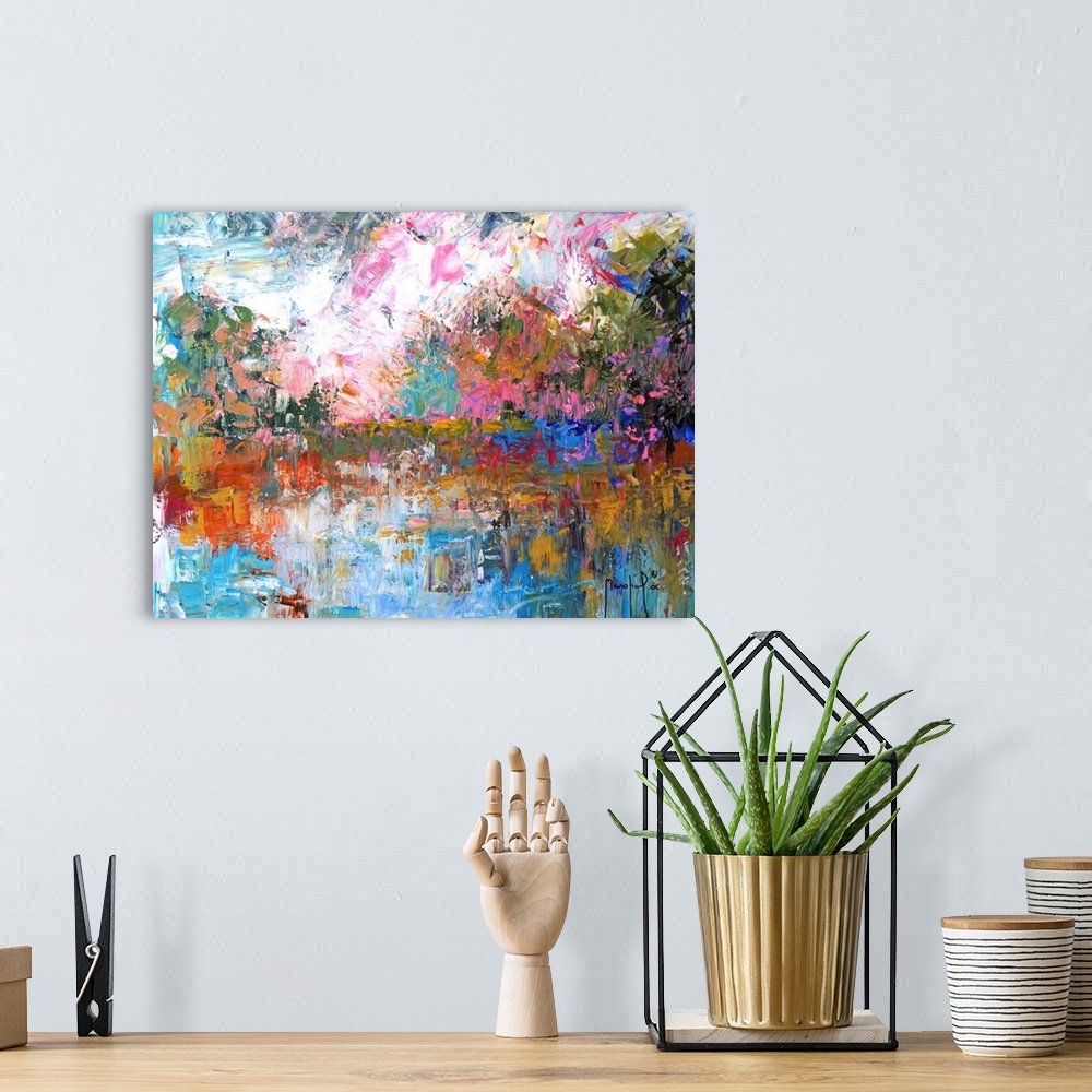 A bohemian room featuring Abstract painting of a landscape created with small, layered brushstrokes going in every directio...