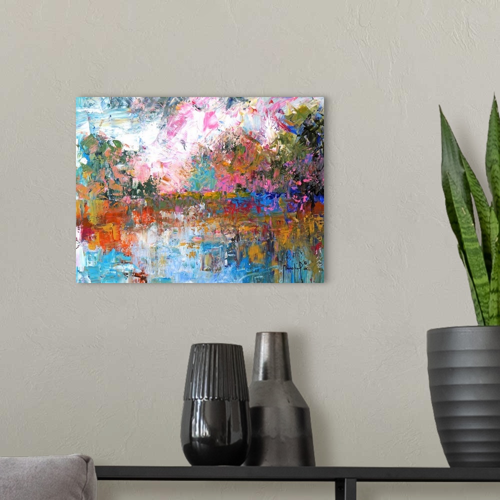 A modern room featuring Abstract painting of a landscape created with small, layered brushstrokes going in every directio...