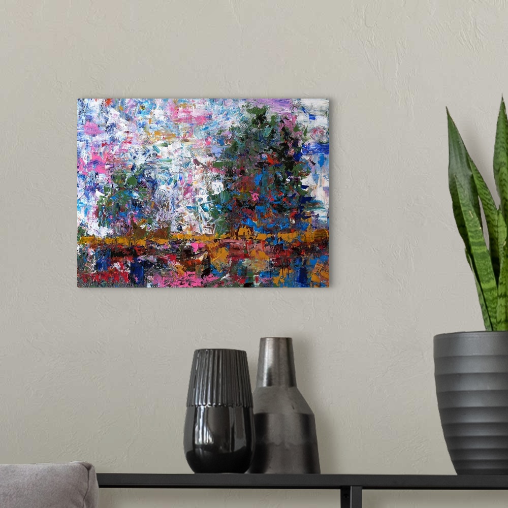 A modern room featuring Colorful abstract painting of a landscape with two trees, created with small, layered brushstroke...