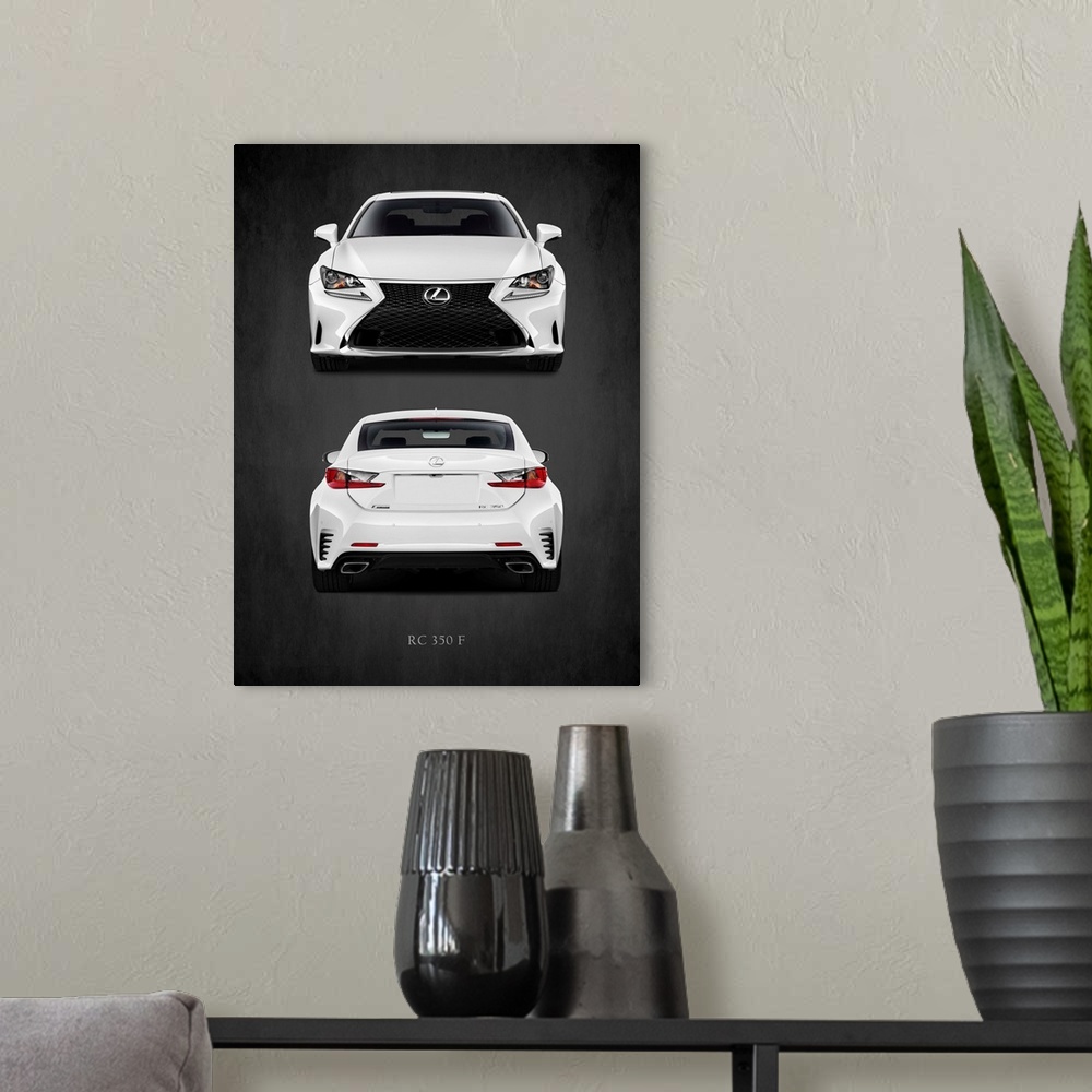 A modern room featuring Photograph of the front and the back of a white Lexus RC 350 F printed on a black background with...