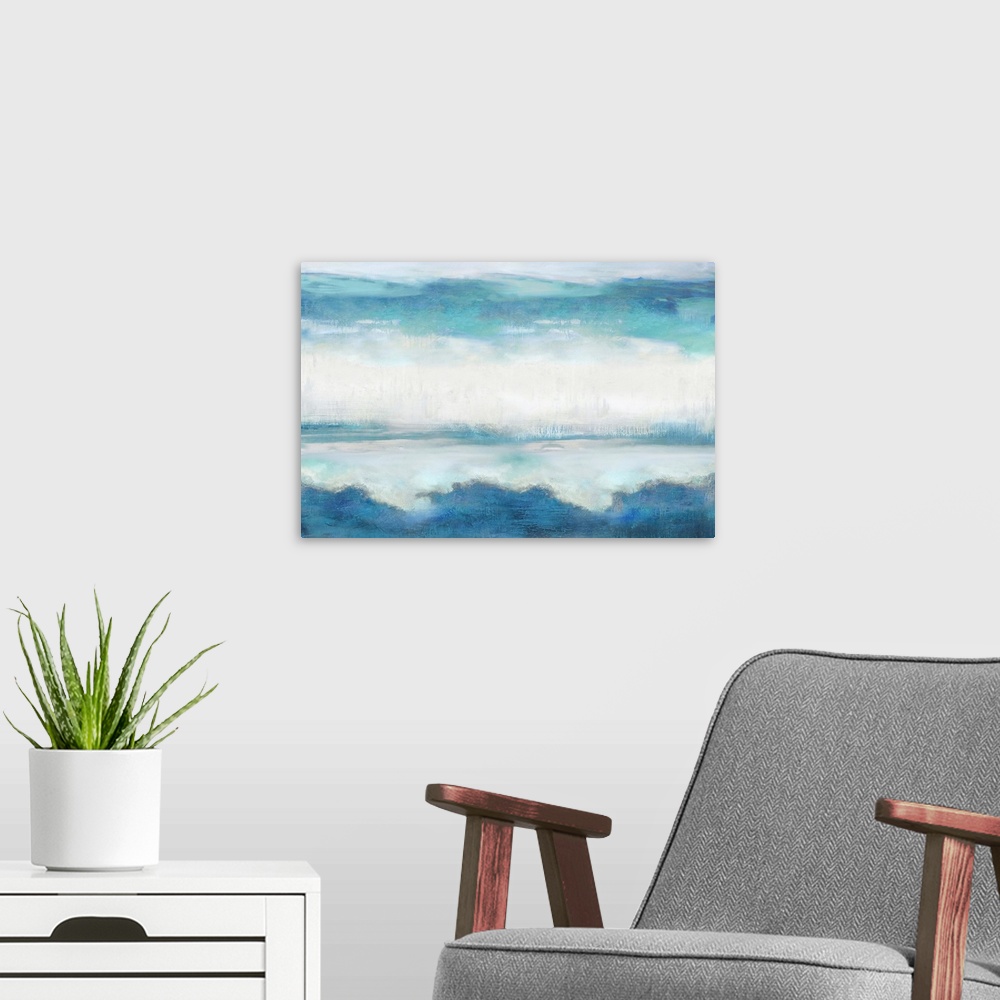 A modern room featuring Large abstract painting created with shades of blue and white.