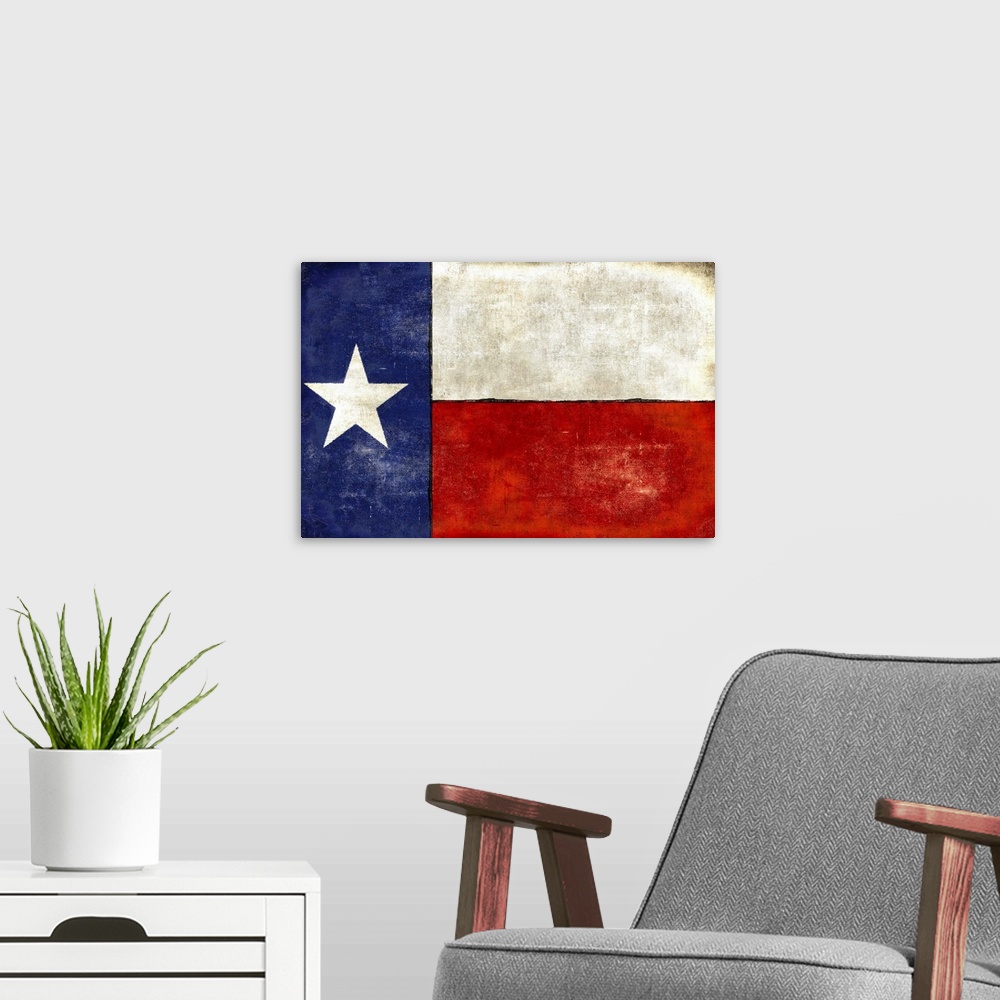 A modern room featuring Weathered flag od Texas.