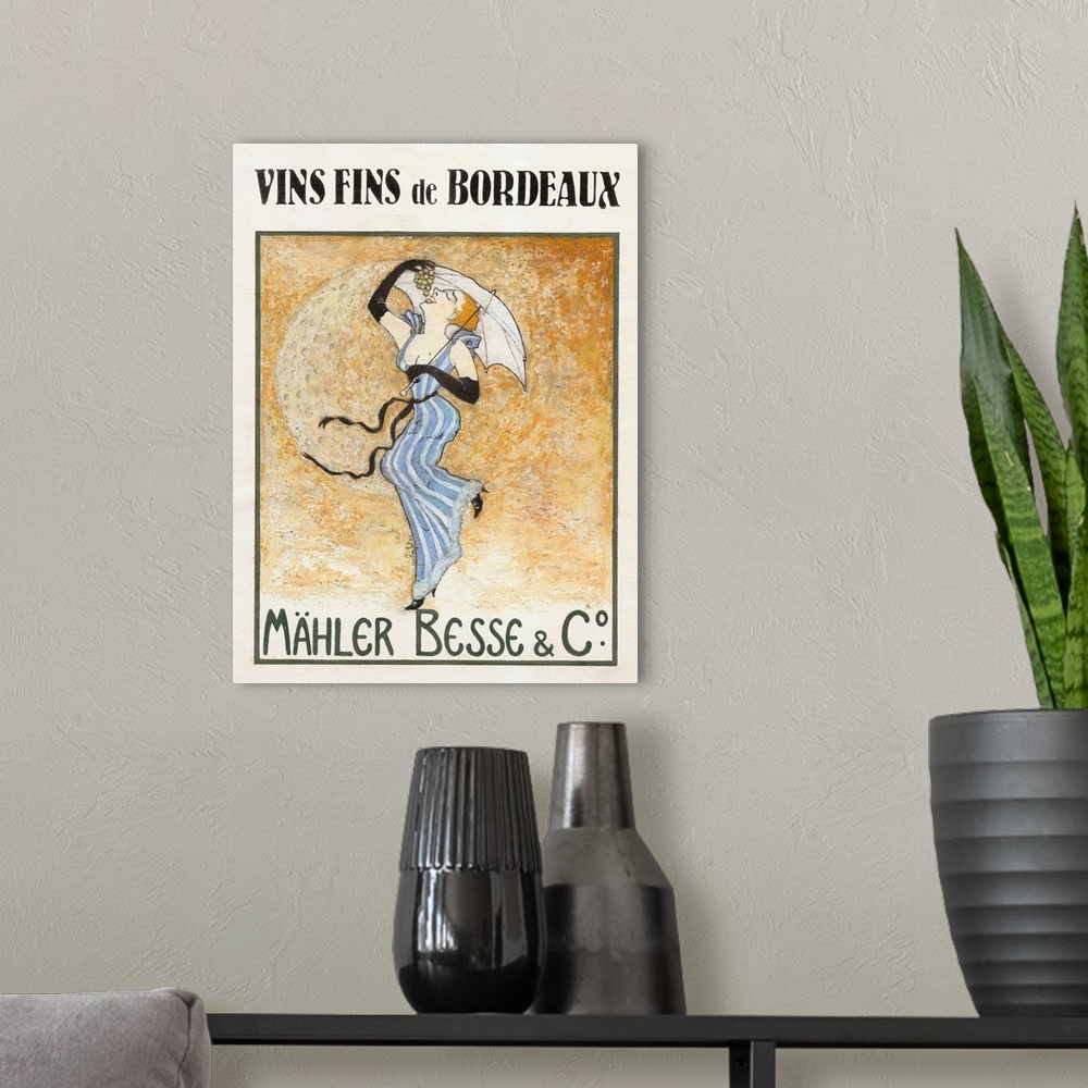 A modern room featuring French poster advertising wine with a woman carrying an umbrella and eating grapes with the moon ...