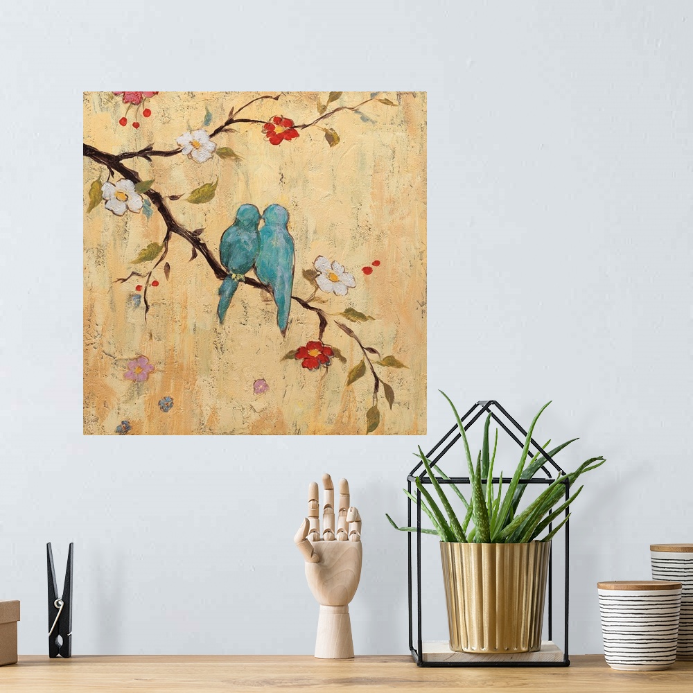 A bohemian room featuring Contemporary square painting of two blue birds sitting on a tree branch with berries, leaves, and...