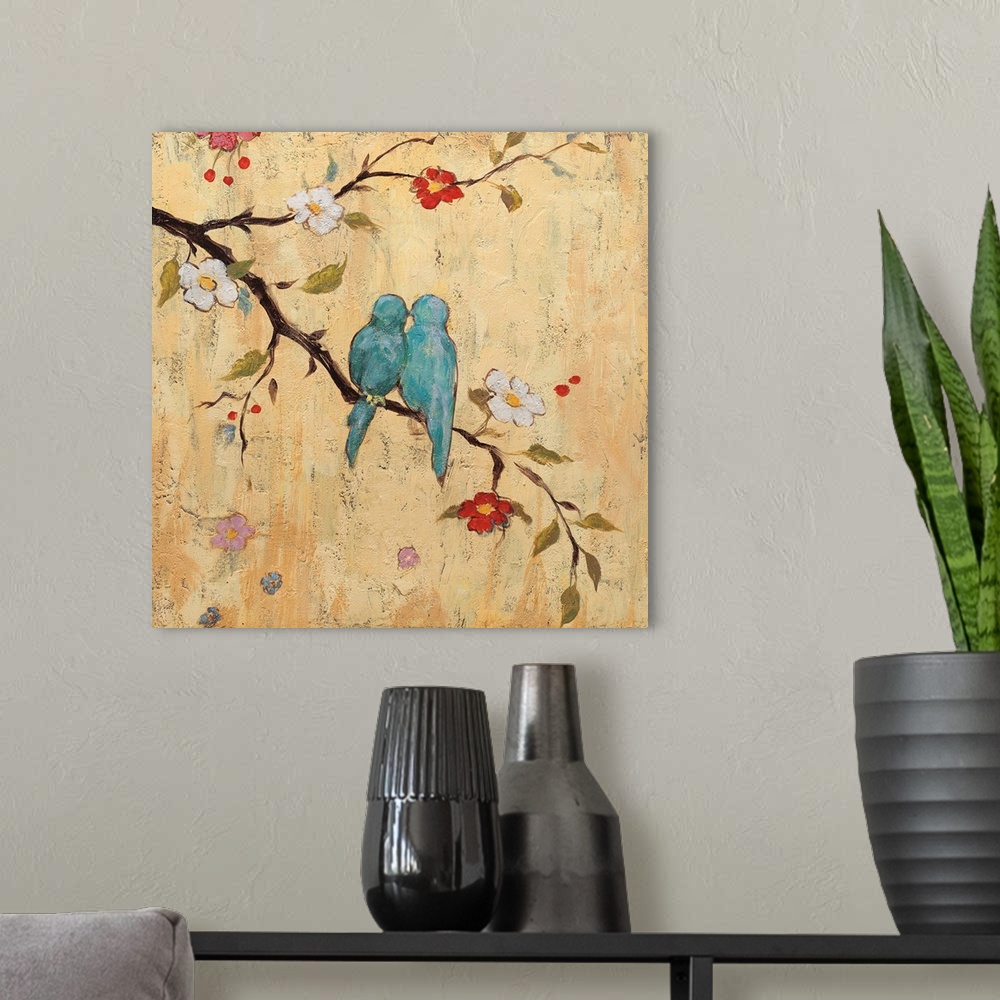 A modern room featuring Contemporary square painting of two blue birds sitting on a tree branch with berries, leaves, and...