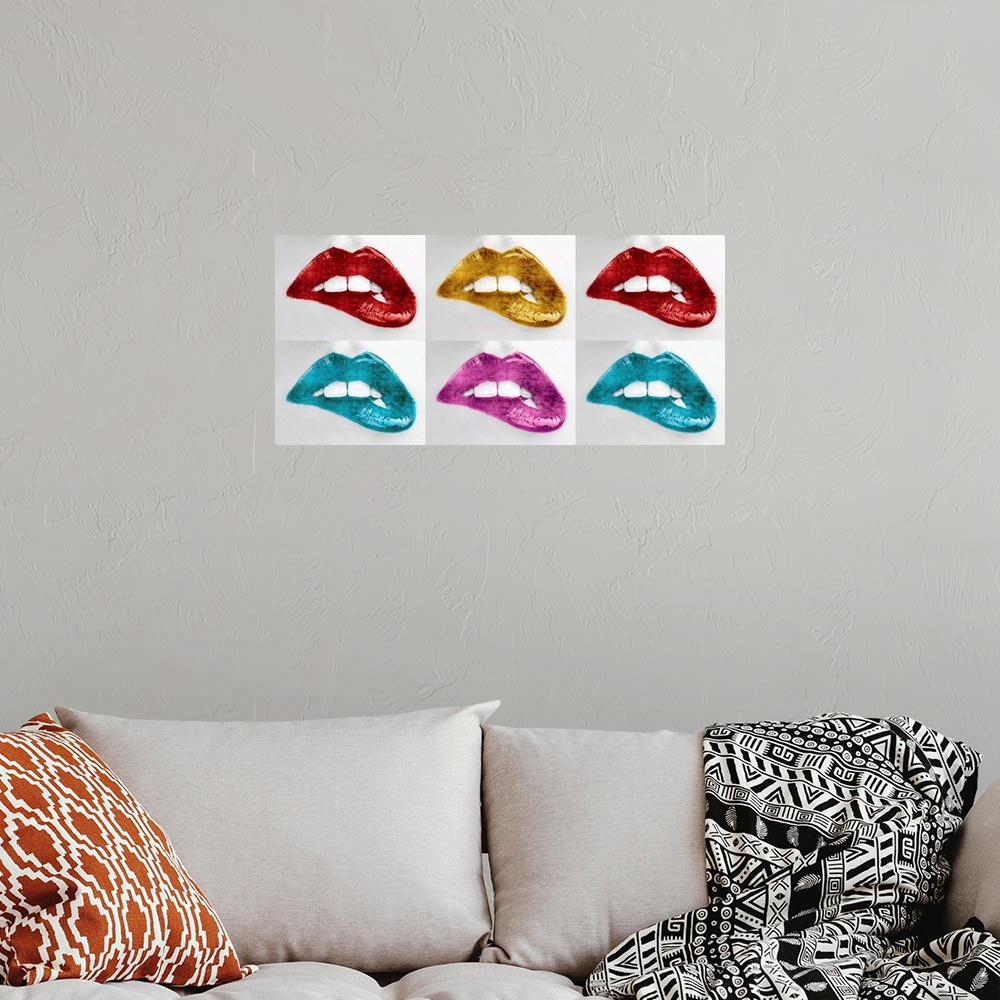 A bohemian room featuring Six close up of a woman biting her lip with bright lipstick