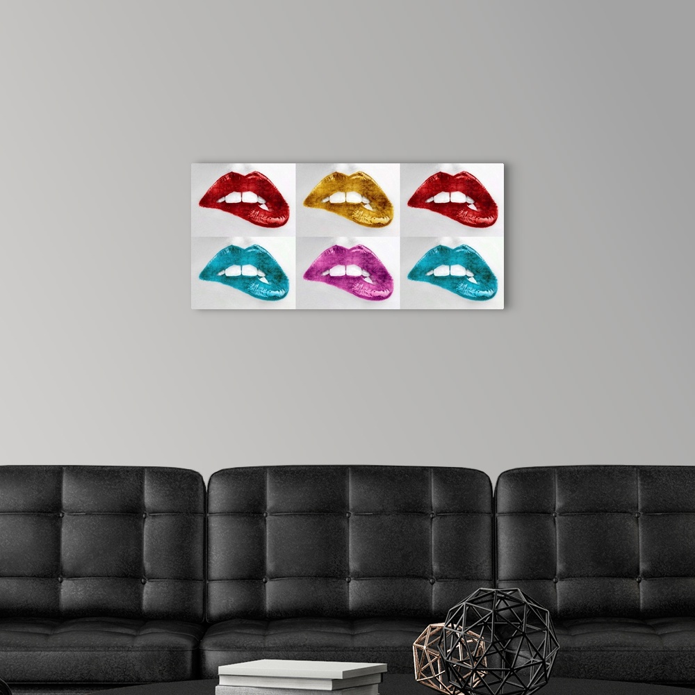 A modern room featuring Six close up of a woman biting her lip with bright lipstick