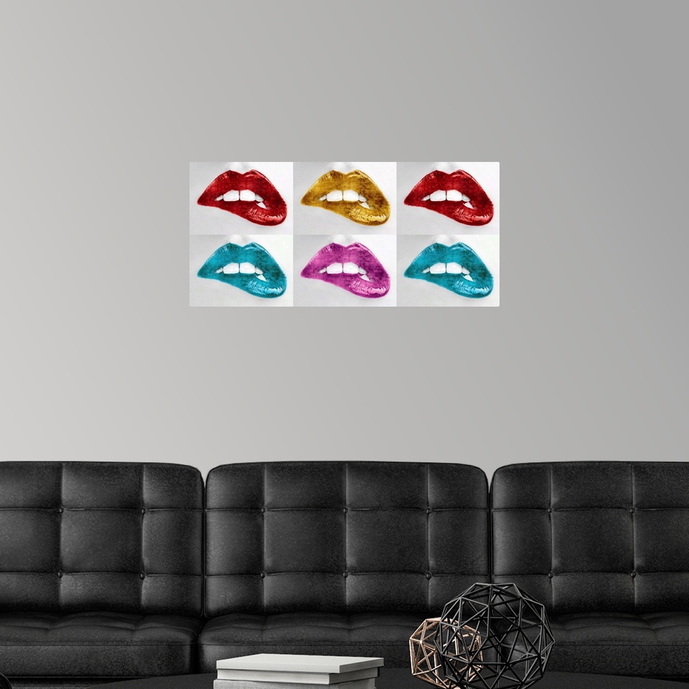 A modern room featuring Six close up of a woman biting her lip with bright lipstick