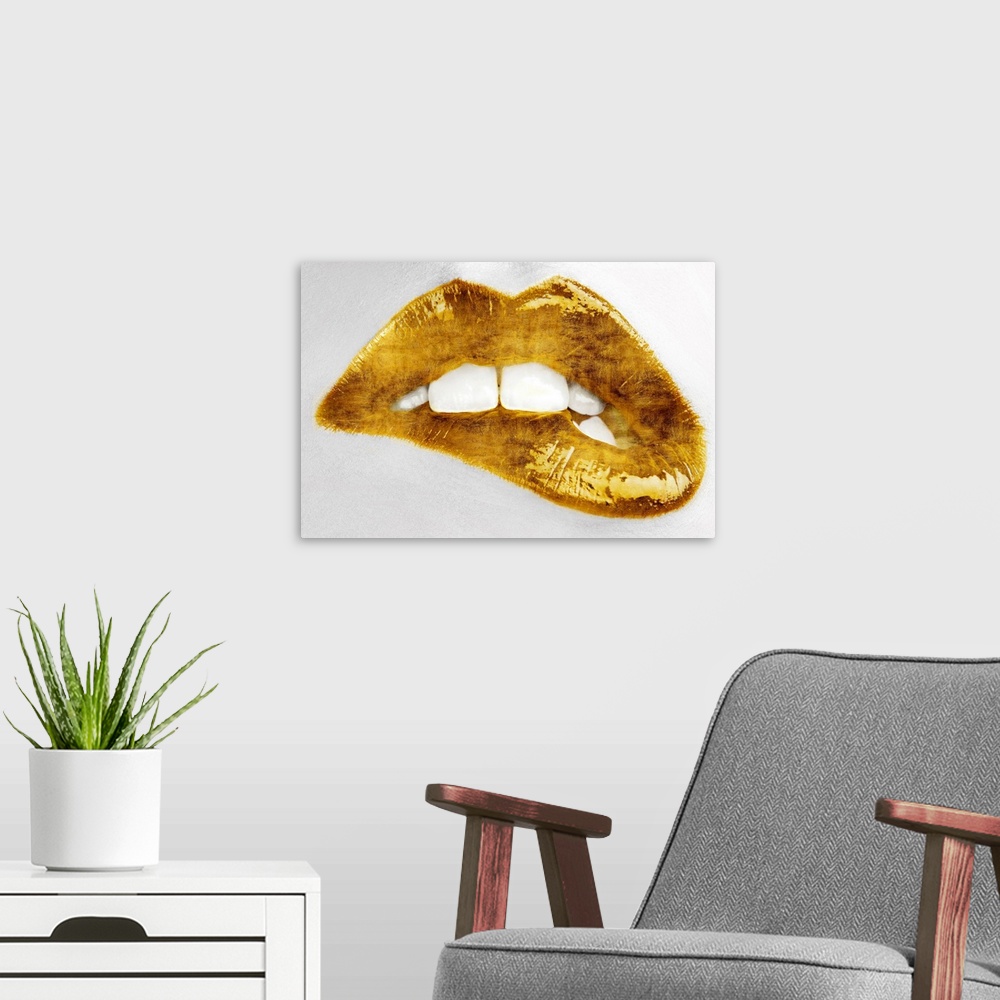 A modern room featuring Close up of a woman biting her lip with bright gold lipstick
